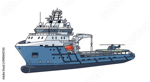Modern blue offshore support vessel with helicopter landing pad and crane, white background.