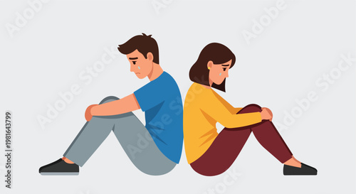 A sad man and woman sitting back to back, crying and feeling lonely in isolation