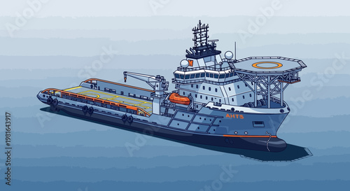 Pixel Art Offshore Support Vessel with Helideck on Calm Sea