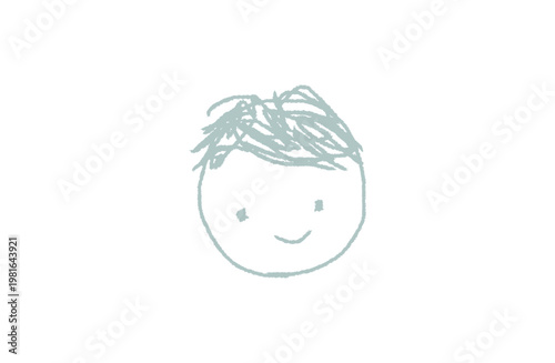 Cute hand-drawn boy face outline in mint green crayon rough sketch style, no fill