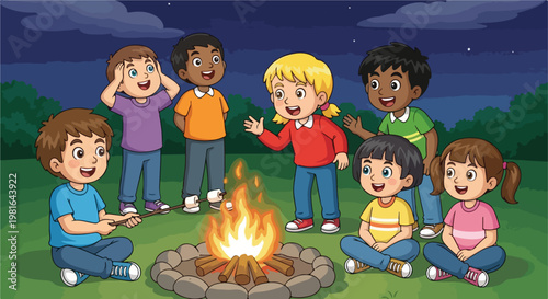 A diverse group of happy children roasting marshmallows around a campfire at night