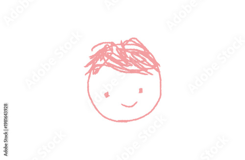 Cute hand-drawn boy face outline in pink crayon rough sketch style, no fill