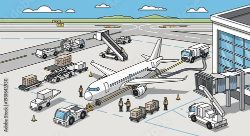 Airport ground operations: Airplane being serviced, baggage handling, jet bridge, refueling