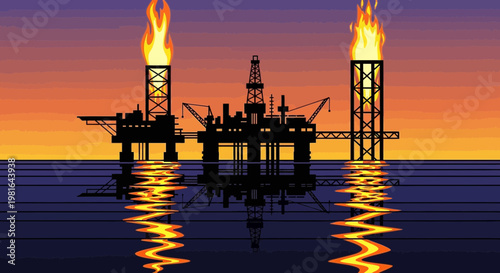 Offshore oil rig platform with flames at sunset, reflecting on the ocean water.