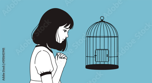 A sad girl praying with clasped hands beside an empty, open metal bird cage