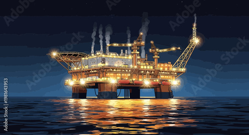 Illuminated offshore oil platform at night, reflecting on calm water, industrial seascape.