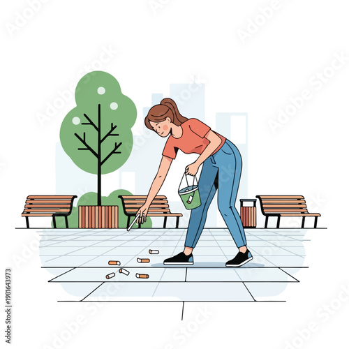 A young woman in a park cleaning up cigarette butts from the paved ground