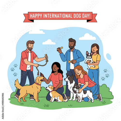 A group of diverse people spending time outdoors with their beloved pet dogs