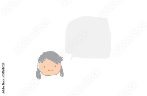 Cute hand-drawn colored girl face with pigtails and soft gray speech bubble, crayon rough sketch style