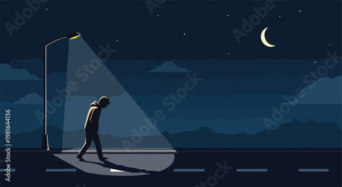 A lone person walks down a road at night under a glowing street lamp light