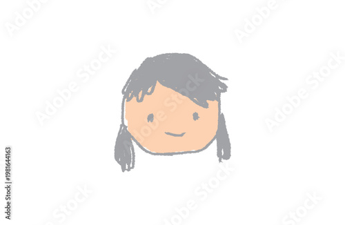 Cute hand-drawn colored girl face with dark pigtails and gray crayon rough sketch style