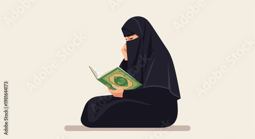 Woman wearing a black niqab and abaya sits and reads a green religious book