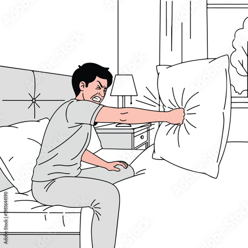 A man sitting on a bed angrily punches his pillow in a bedroom line art style