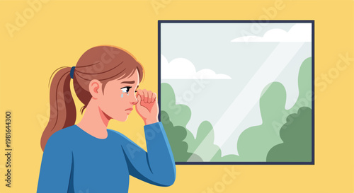 A sad young girl in a blue shirt cries while looking out of a bright window