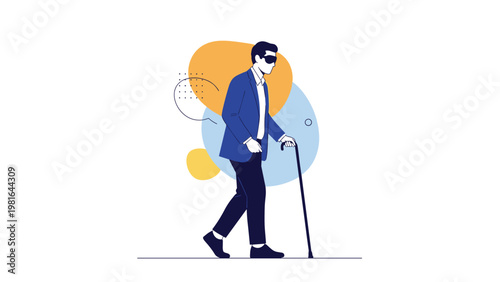 Professional blind businessman wearing dark glasses and using a white cane to walk through a modern abstract background.