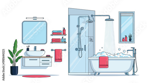 Modern clean bathroom interior featuring a walk in glass shower, a white bathtub, and a minimalist sink with a vanity.