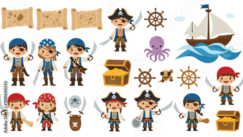 Set of cute pirate characters and nautical icons including a sailing ship, treasure chest, octopus, and treasure maps.