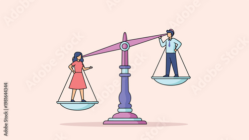 Man and woman standing on opposite pans of a large balance scale representing gender equality and fairness in society.