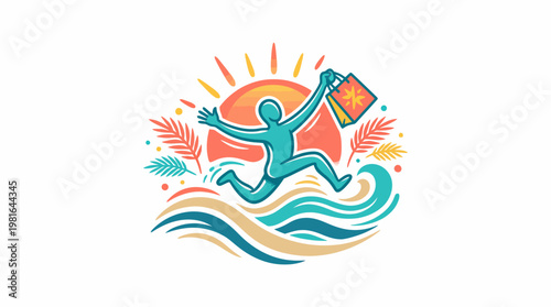 Joyful Shopper Celebrating on a Tropical Beach
