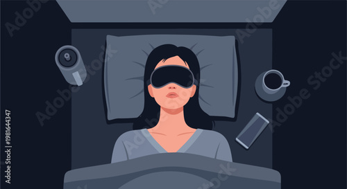 Top view of a person lying in bed wearing a sleep mask at night with accessories