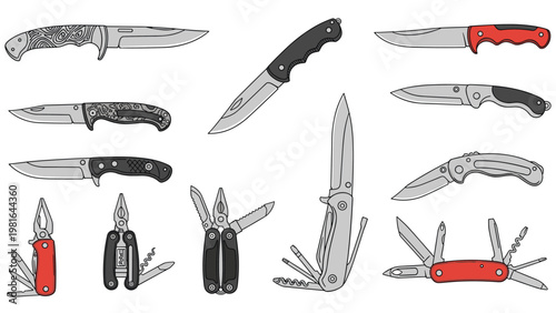 Detailed illustrations of various folding pocket knives and multi-tools with different blades and survival accessories.