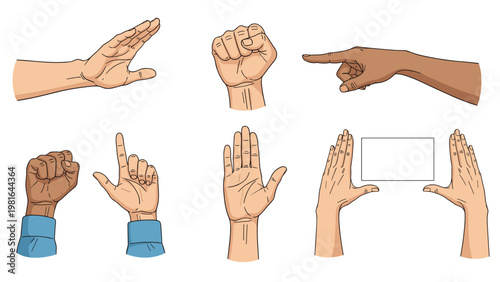 Collection of human hands demonstrating various gestures and signs such as pointing, clenching a fist, and framing a view.