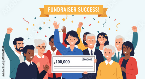 A diverse group of people celebrating success while holding a large bank check