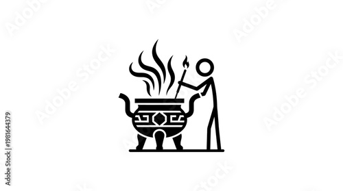 Abstract Stick Figure Lighting Incense in a Decorative Cauldron