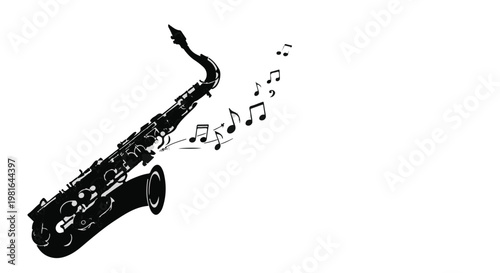 Saxophone depicted in a stylized black silhouette with dancing musical notes represents smooth jazz, artistic performance, melodic harmony, live concert atmosphere, and soulful sound.