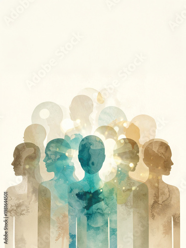Watercolor illustration of human silhouettes and light effects. Representation of diversity, community, psychology, and mental health. Graphic for wellness, society, and identity themes. 2026 stock.
