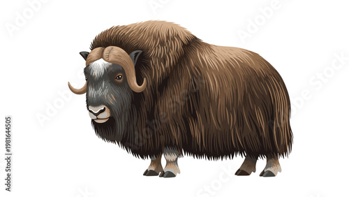 Detailed illustration of a muskox standing on a white background showcasing its thick brown fur and curved horns in a realistic style.
