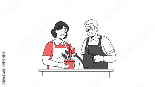 Senior man and woman wearing aprons and gardening together by watering a small potted plant on a table in a simple line art style.