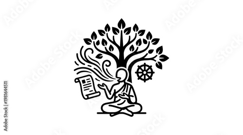 Meditating Monk Under Bodhi Tree with Dharma Wheel
