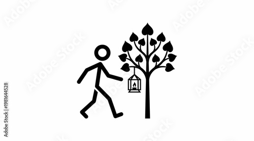 Minimalistic Depiction of a Person Approaching a Lantern Beside a Tree