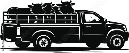 Two cows transported in the bed of a pickup truck with black and white utility vehicle livestock transport agriculture countryside domestic silhouette illustration transfer transportation