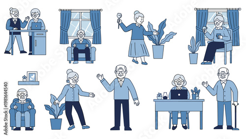 Collection of senior citizens engaged in various daily activities like reading working and relaxing shown in blue monochrome silhouettes.
