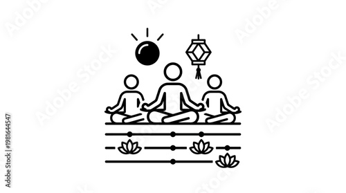 Meditating People with Sun and Lantern Icon