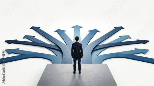 Businessman standing in front of multiple arrows pointing upwards isolated on transparent background