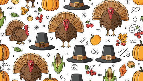 Festive thanksgiving day seamless pattern including roasted turkeys pilgrim hats pumpkins corn on the cob and autumn leaves on white.