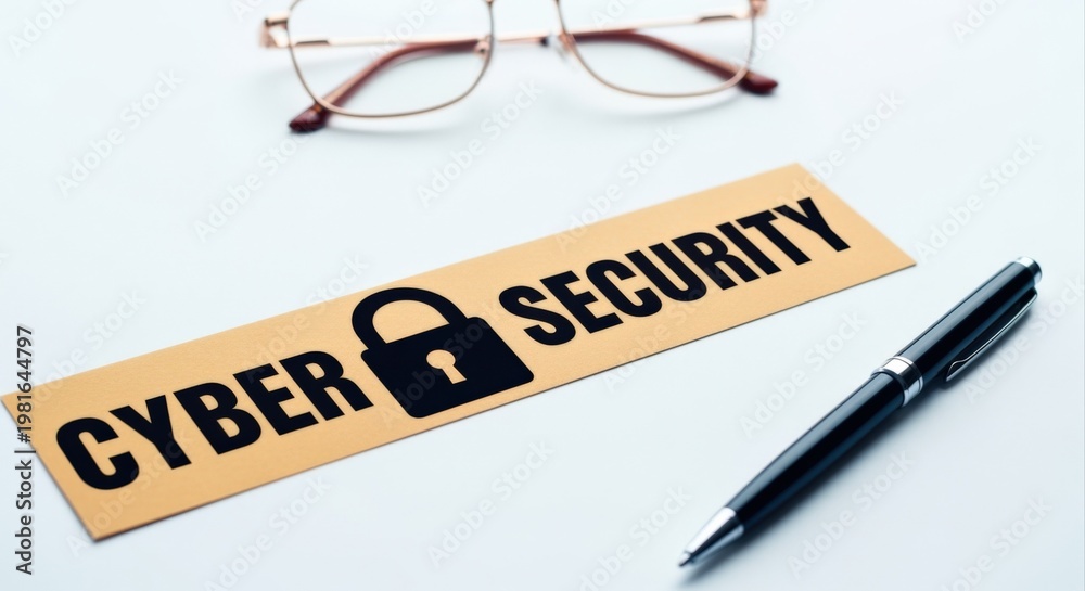 Fototapeta premium Cyber Security Protection Concept with Lock Icon, Eyeglasses and Pen on White Desk
