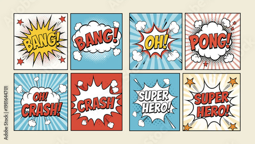 Set of comic book sound effect bubbles with onomatopoeic words like bang crash and pong in a classic pop art and retro halftone style.