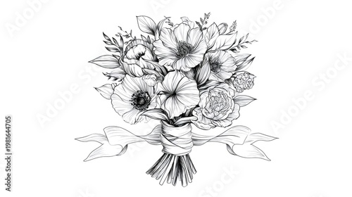 Hand drawing floral bouquet vintage line art sketch