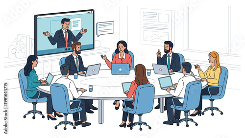 Professional team meeting around a round table with a large screen showing a colleague participating via video conference in a modern office.