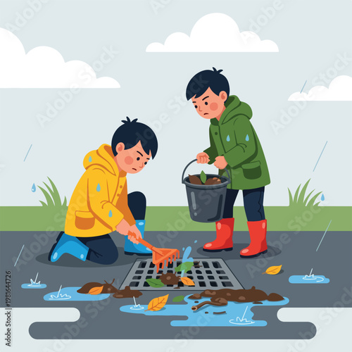 Two young boys cleaning fallen leaves and debris from a rain gutter on a street