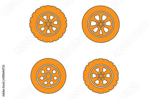 Car Tire Wheel Outline Icons Set Automotive Rim Tyre Vector Collection