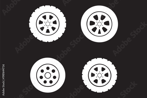 Car wheel icons set, alloy rim designs collection, automotive tire symbols outline and solid vector