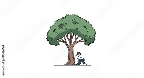 A person sits alone against a large, leafy green tree in a minimalist style