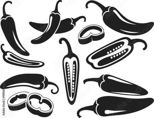 Hot chili pepper silhouette set with spicy jalapeno and sliced paprika pieces isolated on white background vector