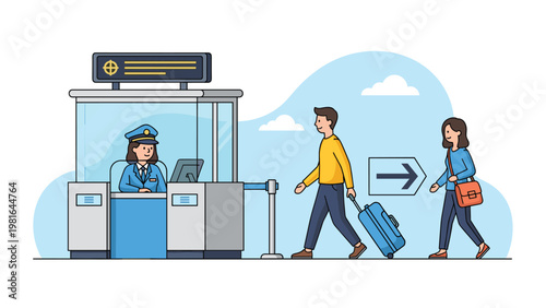 Travelers going through an airport security checkpoint while an official sits in a booth and monitors the passage with a luggage scanner.
