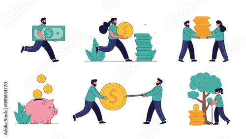 Set of business people performing financial tasks like saving money into a piggy bank and carrying large coins or bills for a budget theme.